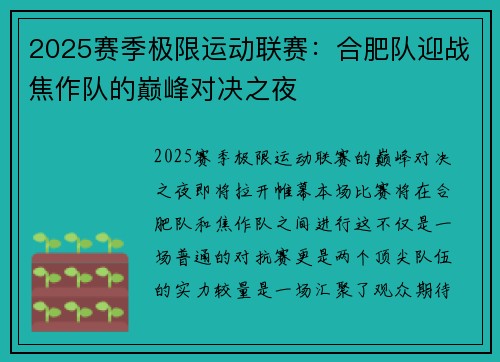 2025赛季极限运动联赛：合肥队迎战焦作队的巅峰对决之夜